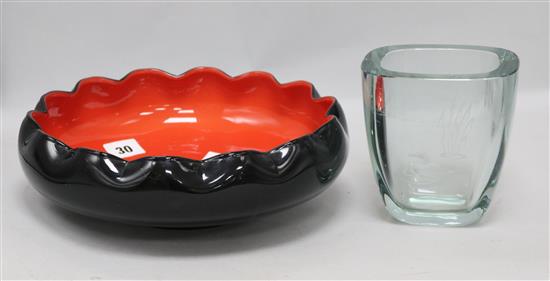 An Art Deco red and black cased glass bowl and a Scandinavian glass vase